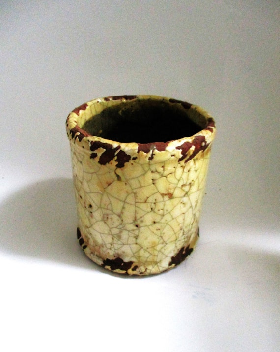 Vintage Planter Cast Stone Yellow Crackled Glaze