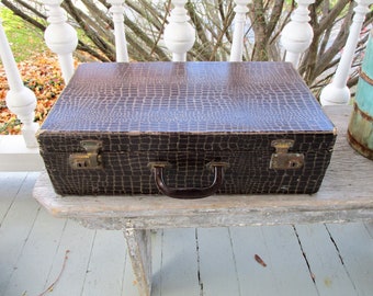 Vintage Suitcase Brown Faux Reptile Hard Body Case