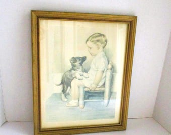 Vintage Bessie Pease Gutmann "Sympathy" Framed Print Child & Puppy