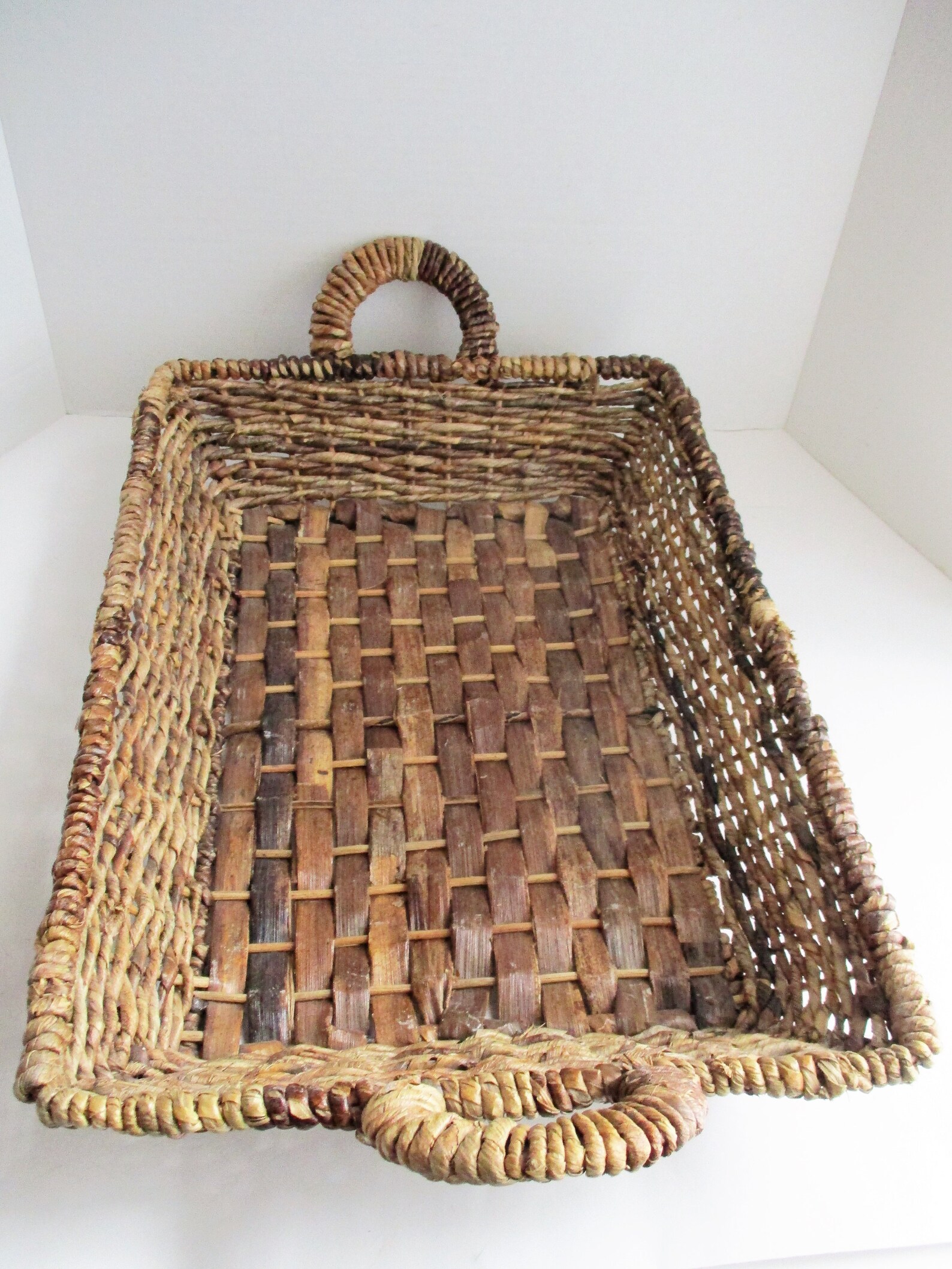 Vintage Tray Basket Wicker Rectangular Handles Rustic Woven Etsy