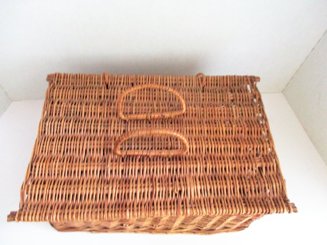 Vintage Wicker Basket Square with Lid Storage Home Decor Etsy