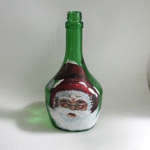Vintage Green Bottle Hand Painted Santa Face