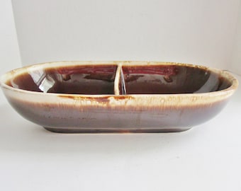 Vintage Serving Dish Divided Brown Drip Hull Pottery