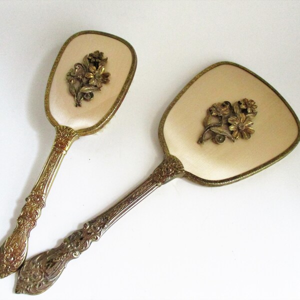 Vintage Hand Mirror Brush Antique Gold Finish Floral Medallion Ornate Handles Matson Vanity Set