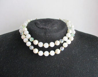 Vintage Necklace Lisner 2 Strand Choker Lucite Moonglow Crystal Beads Faux Pearls 1950's Signed