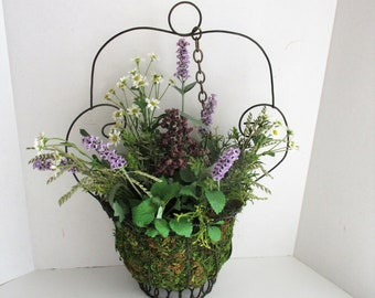 Vintage Wire Faux Floral Arrangement Purple White Flowers Decorative Metal Planter Hanging Stand Alone