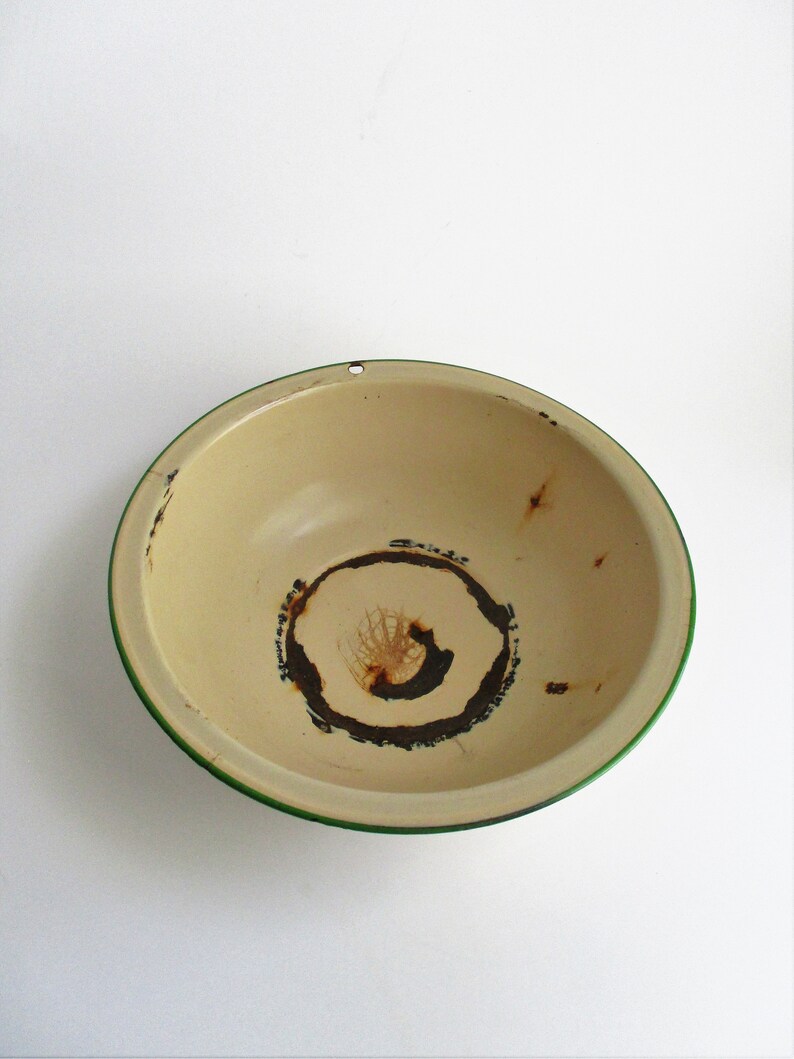 Vintage Enamel Bowl Rare Beige Green Trim Rustic Chippy Rusty Flower Planter Wall Hanging