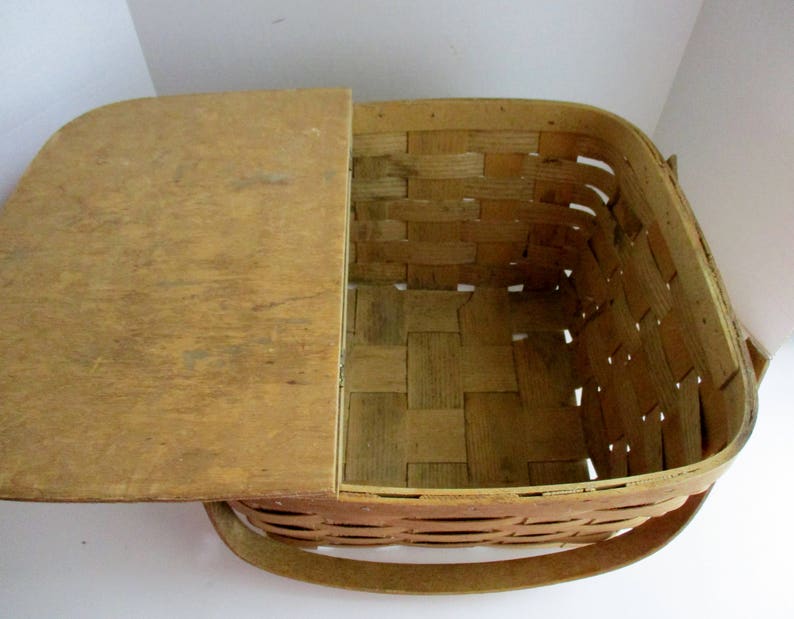 Vintage Basket Picnic Basket Wood Slat Basket Hinged Lid Etsy