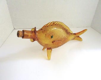 Vintage Murano Amber Glass Fish Decanter • 1950s Italian Art Glass with Cork Stopper