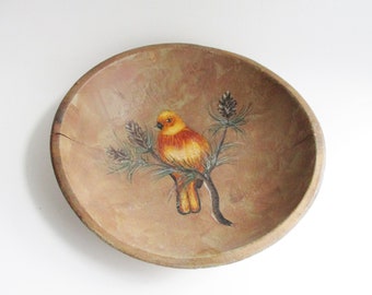 Vintage Bowl Wooden Oval Hand Painted Bird