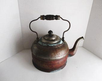 Vintage Copper Kettle Decorative Planter Large Primitive Wood Handle