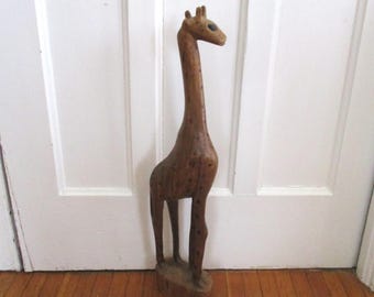Vintage Giraffe Carved Wood Primitive Floor Sculpture
