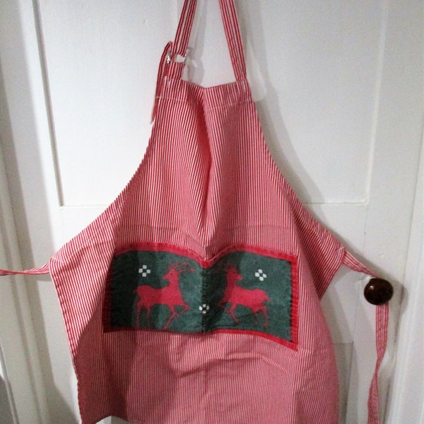 Vintage Apron Red White Stripe Reindeer Design Heavyweight Cotton Ticking