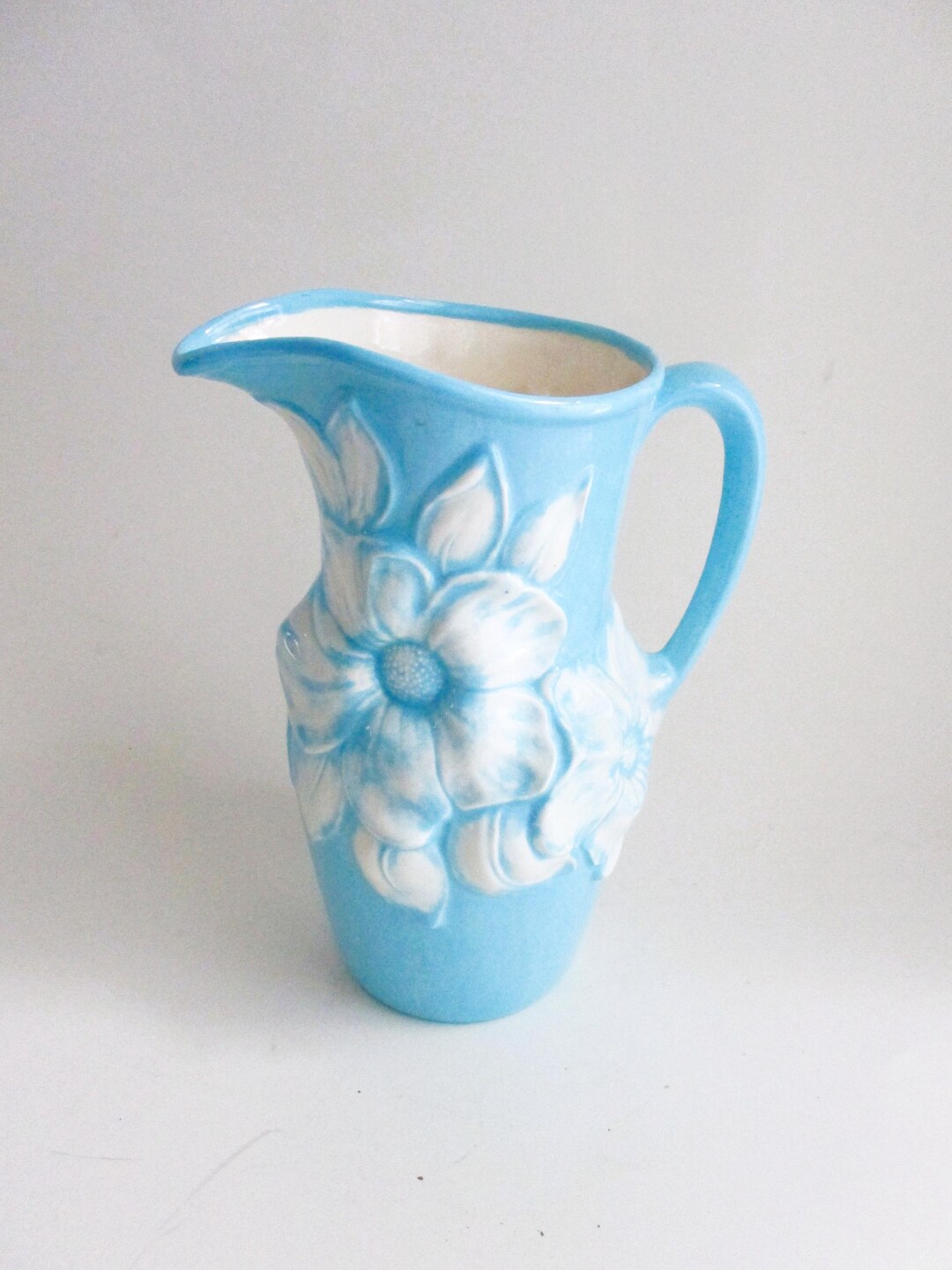 Vintage Aqua Ceramic Pitcher Floral Embossed Holland Mold - Etsy