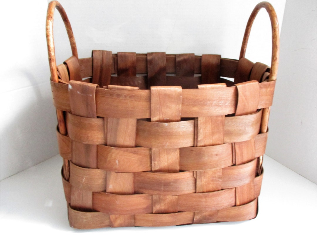 Vintage Basket Large Double Handle Rustic Woven Wide Wood Etsy