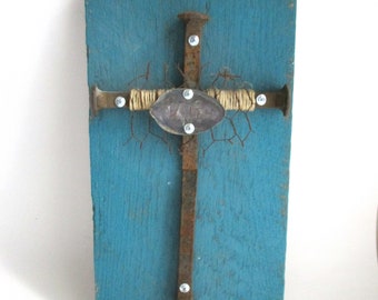 Vintage Railroad Spike Cross Blue Rustic Wood Handmade Wall Art