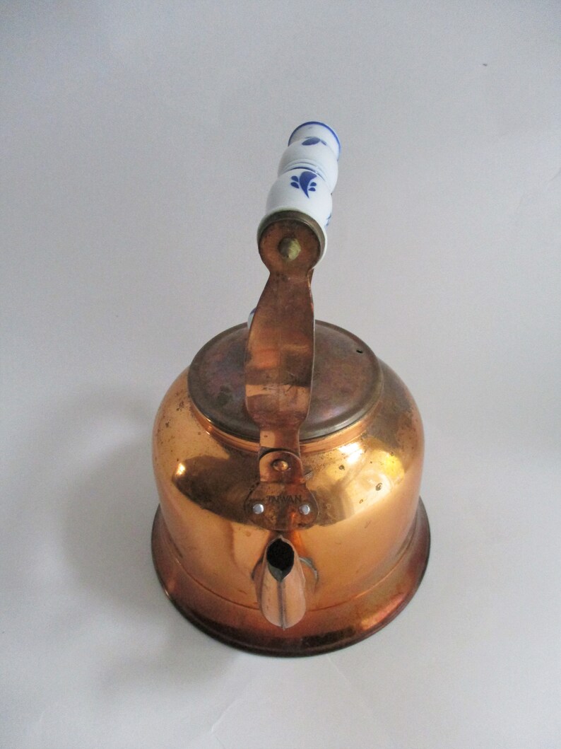 Vintage Copper Tea Kettle Blue White Porcelain Handle Knobs Etsy