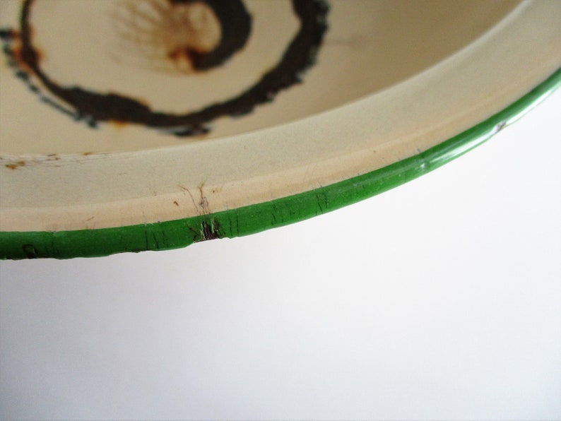 Vintage Enamel Bowl Rare Beige Green Trim Rustic Chippy Rusty Flower Planter Wall Hanging