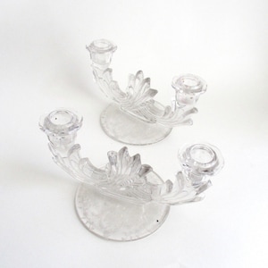 Vintage Double Candleholders Set of 2 Fostoria Baroque Art Deco Depression Glass Navarre Pattern