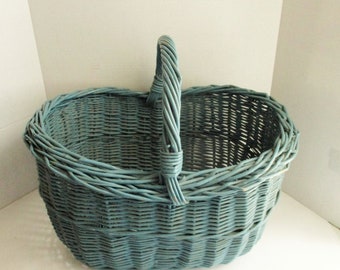 Vintage Large Wicker Basket Turquoise Market Gathering