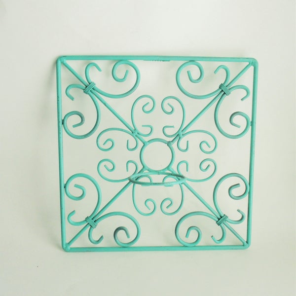 Vintage Aqua Plant Hanger Planter Flower Pot Holder Wrought Iron Wallhanging Square