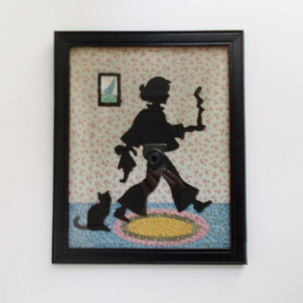 Vintage Silhouette Framed Picture Girl with Doll Cat Calico Fabric