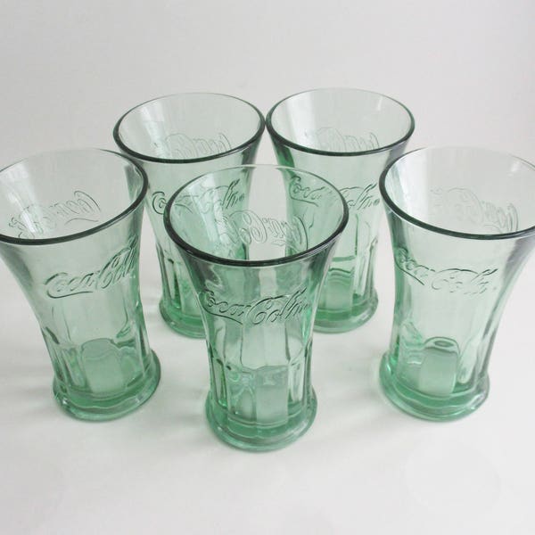 Vintage Coke Glasses Tumblers Set of 5 Flared Ribbed Libby 16 Ounce Green Coke Glasses