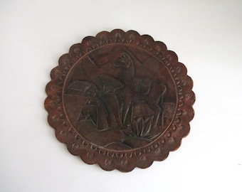 Vintage South American Leather Trivet Hand‑Tooled Folk Art