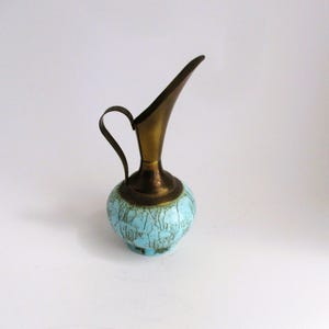 Vintage Petite Delft Pitcher Brass Marbled Turquoise