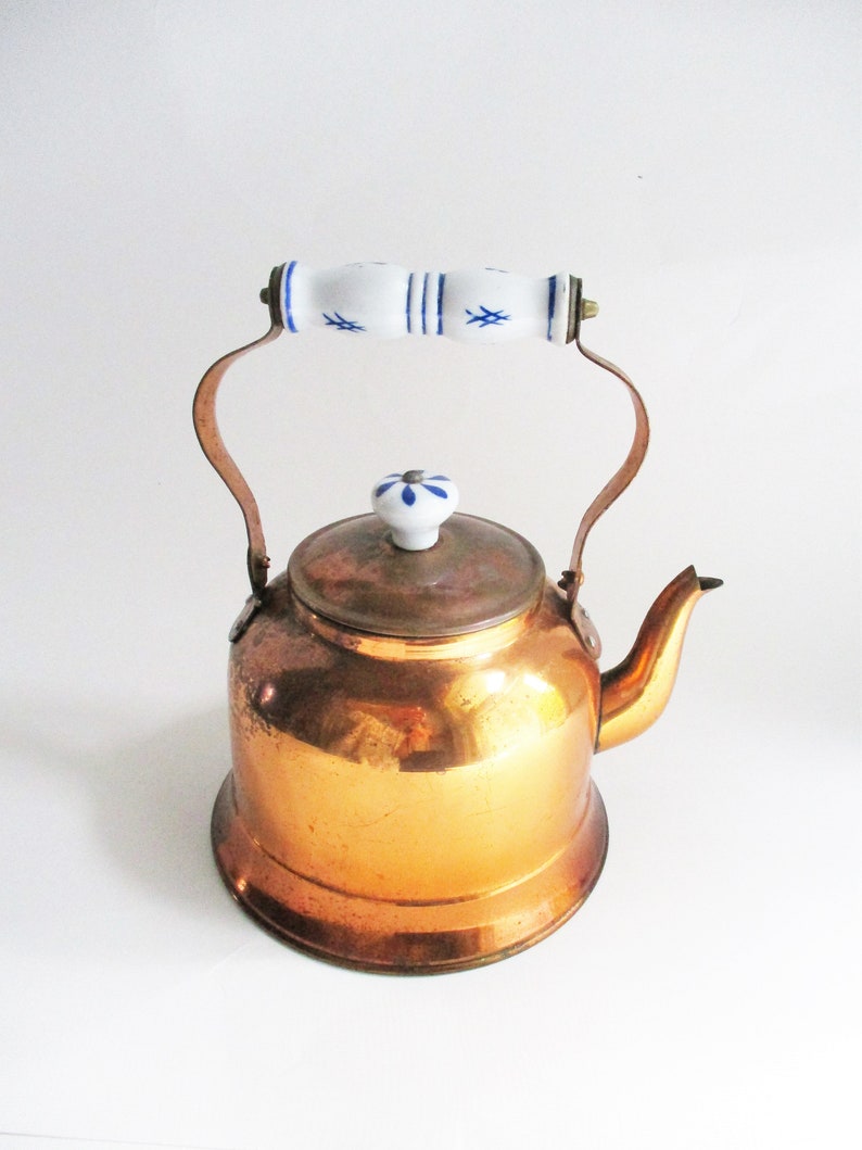 Vintage Copper Tea Kettle Blue White Porcelain Handle Knobs Etsy