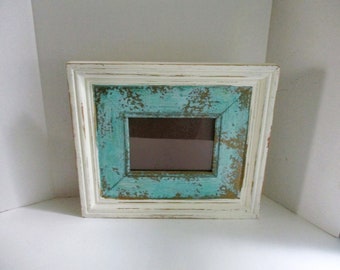 Vintage Picture Frame Distressed Wood Aqua Inset Horizontal Vertical Wall Hanging