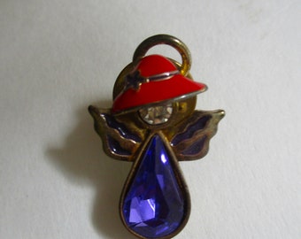 Vintage Angel Tac Lapel Pin Red Hat Society Rhinestone Purple Stone Gold Tone