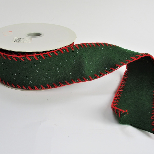 Felt Ribbon Embroidered Edge Sparkly Green Red Trim Polyester 2.5" Wide Florist Quality