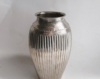 Vintage Vase Ribbed Beaded Decorative Faux Flower Silver