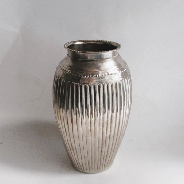 Vintage Vase Ribbed Beaded Decorative Faux Flower Silver
