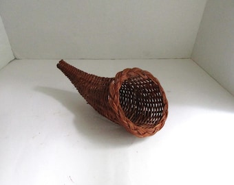 Vintage SMALL Cornucopia Basket Brown Wicker Wall Hanging