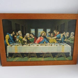 Vintage The Last Supper Print Wood Frame Religious Wall Hanging