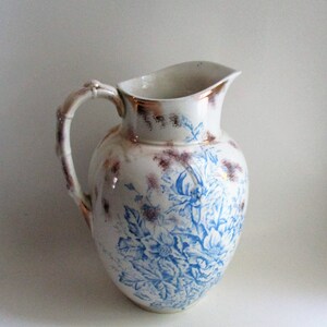 Antique Pitcher Blue Transferware Gold Gilt Adamantine China 4 Quart ...