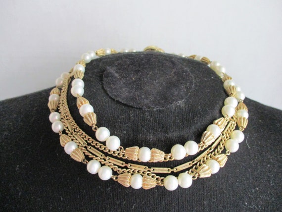 Vintage Choker Necklace Gold Tone Pearl 5 Strand … - image 6