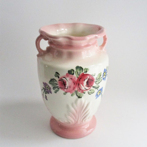 Vintage Vase Pink White Rose Floral Spray Ornate Vase Embossed Design Ruffled Edge Handles