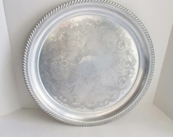 Vintage Silver Metal Tray Etched Platter Large Serving