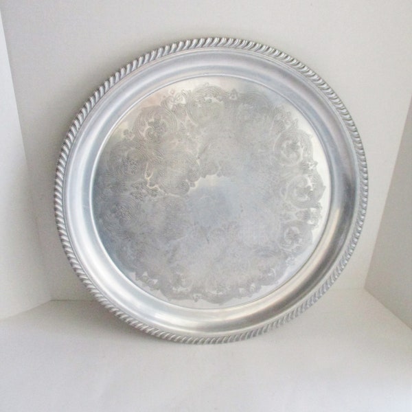 Vintage Silver Metal Tray Etched Platter Large Serving