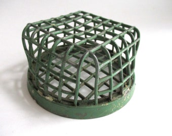 Vintage Flower Frog Dazey Round Green Distressed Metal Square Cage