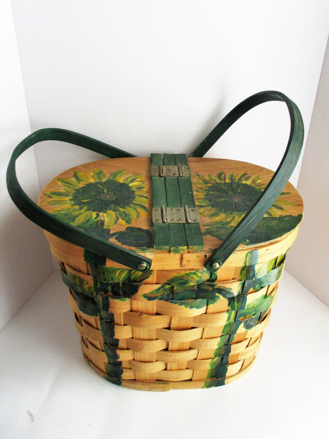 Vintage Picnic Basket Hand Painted Sunflower Double Flip Top Etsy