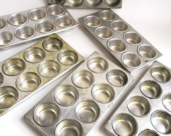 Vintage Tin Mini 8 Muffin Pans Set of 6 Aluminum Baking Craft Supply