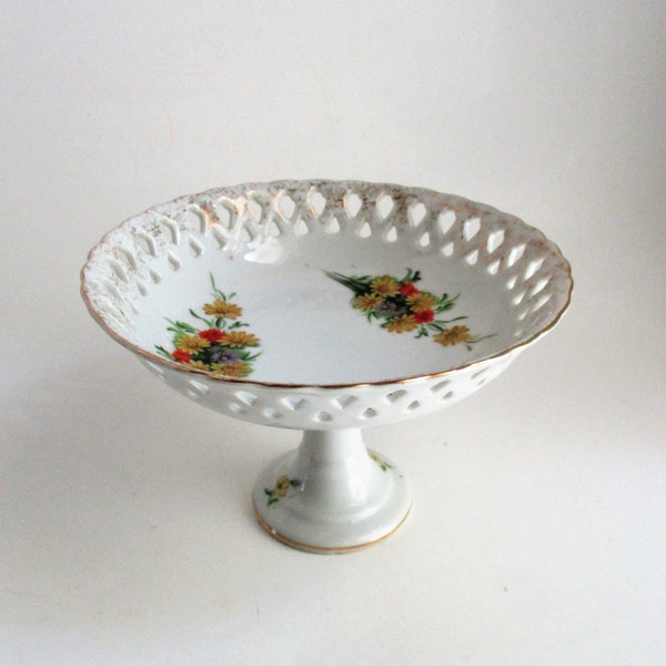 Vintage Compote Dish Porcelain Floral Design Gold Gilt Japan