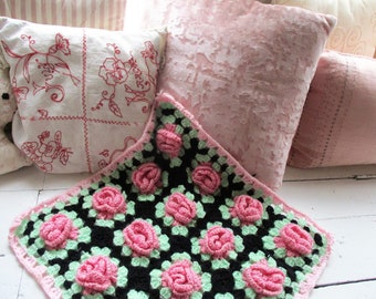 Vintage Afghan Square Crocheted Pink Roses Hand Made