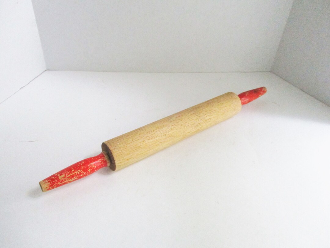 Vintage Rolling Pin Red Chippy Handles Light Wood Grain Etsy