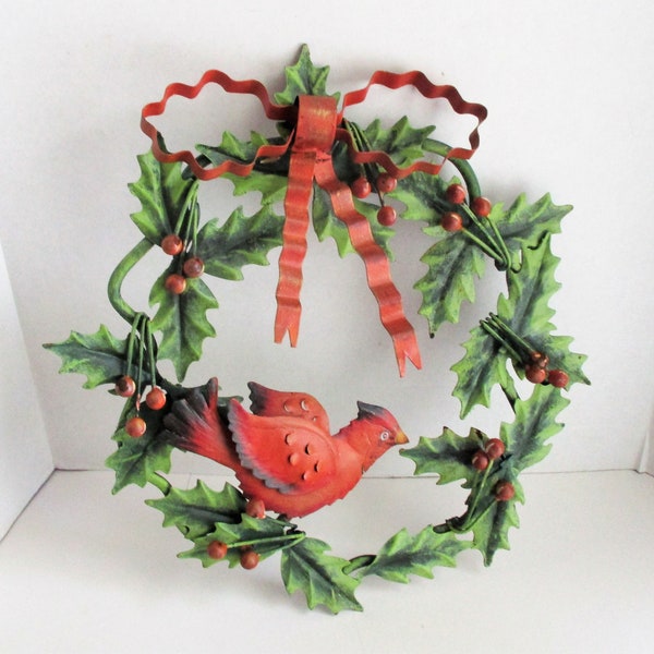 Vintage Wreath 15" Metal Holly Berry Cardinal Red Ribbon Christmas Winter Decor Indoor Outdoor