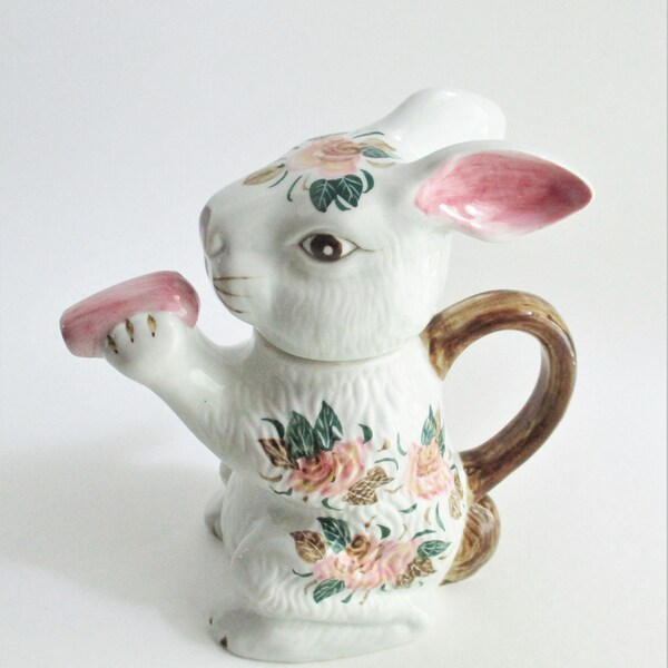 Vintage Teapot Rabbit Floral Painted Pink Flowers Handcrafted Ceramic Kitchen Decor